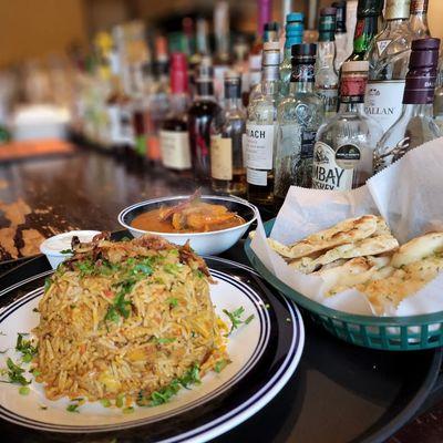 Biryani, Kerela Pepper Shrimp & Garlic Naan