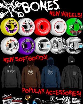 New stuff continues to hit the shelves,including Bones and Powell Peralta sweatshirts, new Bones Wheels as well.