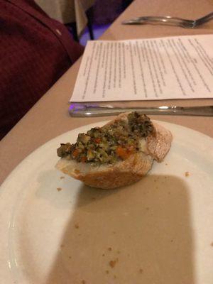 Bread topped with an olive mix.. so good