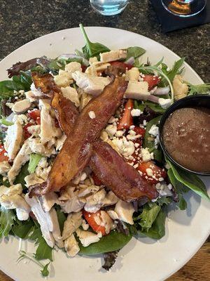 Salad of the month-goat cheese, strawberries, sunflower seeds, red onion, raspberry vinaigrette with chicken add on