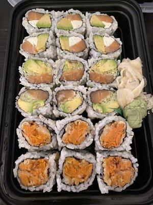 Sweet potato roll, Alaska roll and Philly roll all delicious