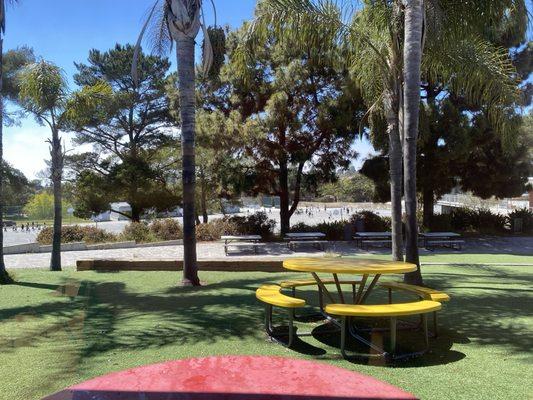 Lots of tables and benches for working outside.