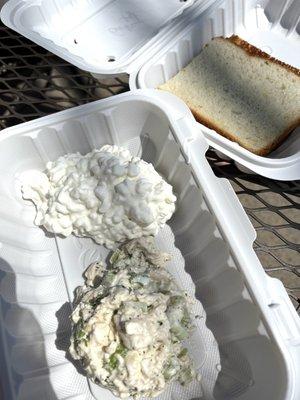 cold plate with cottage cheese & chicken salad, side of garlic toast