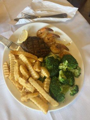 Surf and turf, broccoli and fries