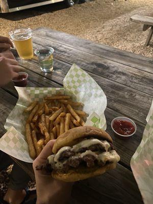 Bbs burger, extra pickles, and large fries