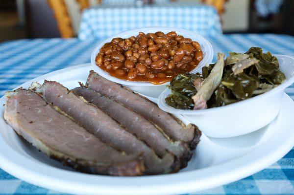 Brisket Platter w/2 sides
Collard greens & Baked Beans