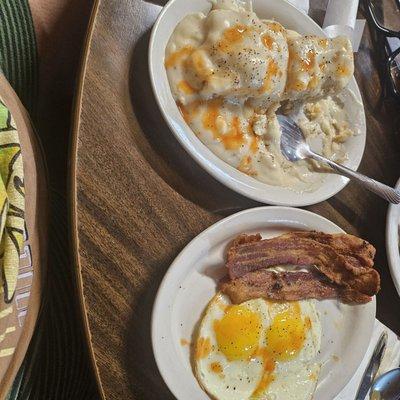 Half order biscuits and Gravy with eggs and bacon