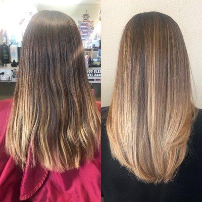 Gorgeous blonde balayage highlights with a cut and style