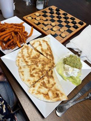 Chicken quesadilla and sweet potato fries