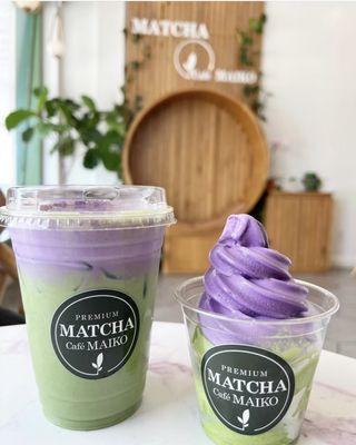 Matcha Ube Soft serve and Matcha Ube Latte