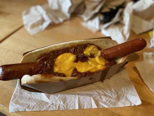 Foot long chili cheese dog