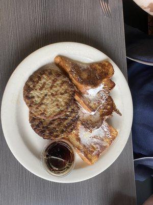 Challah French toast with sausage patties