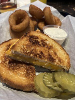 Grilled cheese on sourdough with onion rings