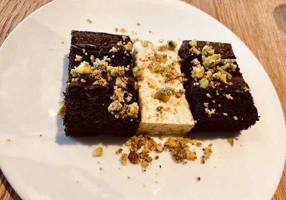 Dark Chocolate Fudge cake with Pistachio Semifreddo = perfection!!