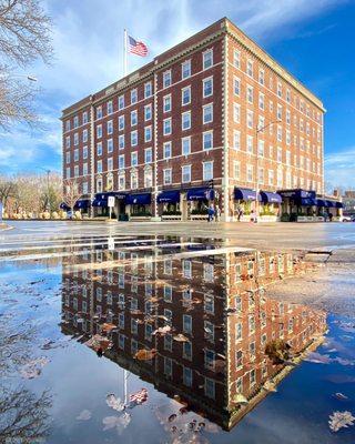 Reflection of hotel from Essex St. Pedestrian Mall