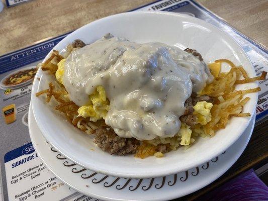 Sausage Egg & Cheese Hashbrown Bowl smothered! Awesome!