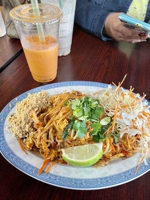 Iced Thai tea with boba and chicken Pad Thai.