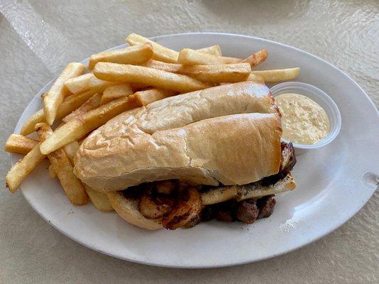 Today's Special: Surf & Turf Po-Boy (ribeye & grilled shrimp), came with fries. Most impressive!