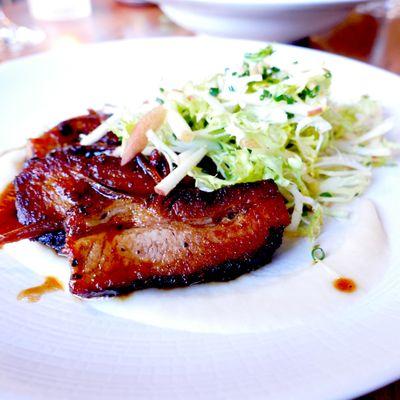 Glazed pork belly, apple purée, soy caramel, frisée