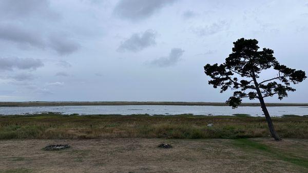 View of high tide in Empire Spit as seen from the second level of Tradewinds on the Bay Hotel, Tokeland, WA.