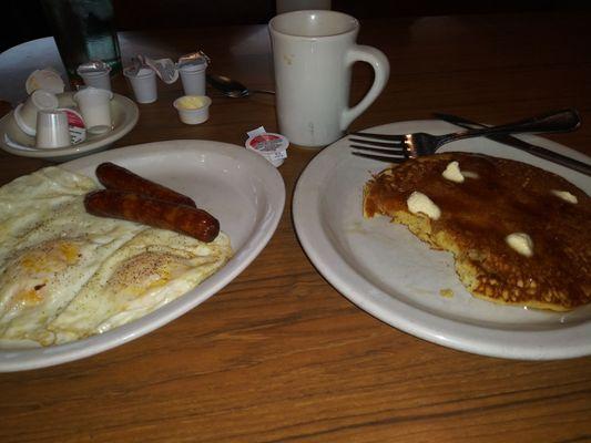 2 eggs, 2 sausage links, one pancake
 $7.50
 Coffee: $2.19