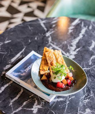 Burrata Salad with plum butter, fresh and pickled plums, herb salad, and rosemary lavash