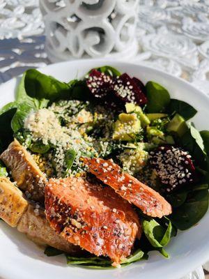 Smoked salmon spinach avocado beet hempseed bee pollen tofu skin salad.. Go Greens