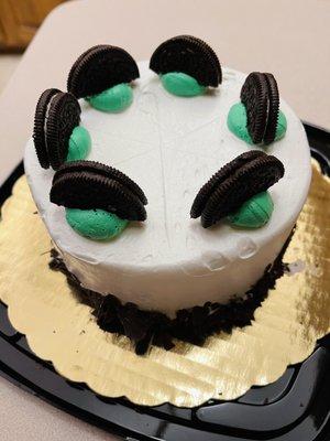 Small round mmmmmmint chip ice cream cake.