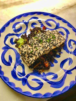 Sesame crusted salmon over Asian black rice salad with sesame-soy dressing