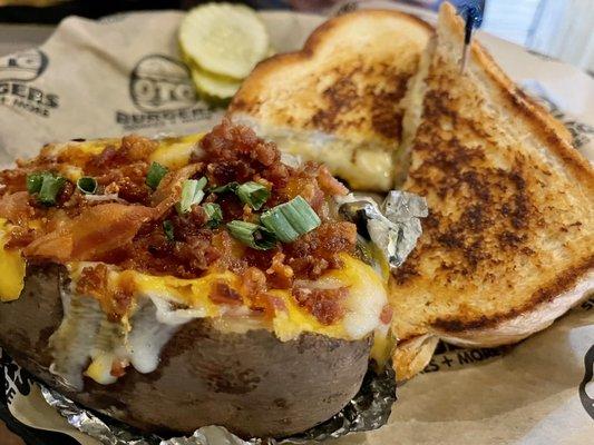 Loaded baked potato and Ultimate Grilled Cheese