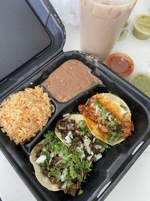 3 Taco plate: 2 asada & 1 pastor / Horchata