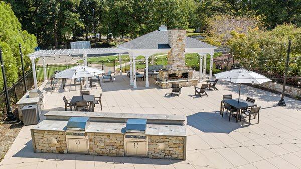 aerial shot of grilling station and outdoor fireplace