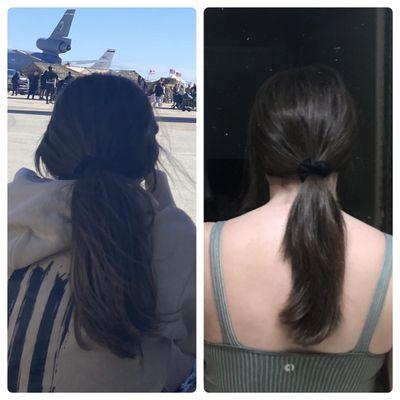 The day before getting my hair cut vs 9 days later. My ponytail is so thin.