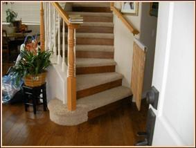 Custom staircase with Carpeted treads and Wood flooring risers.