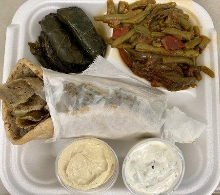 Gyro Wrap with two sides: Green Beans and Stuffed Grape Leaves.