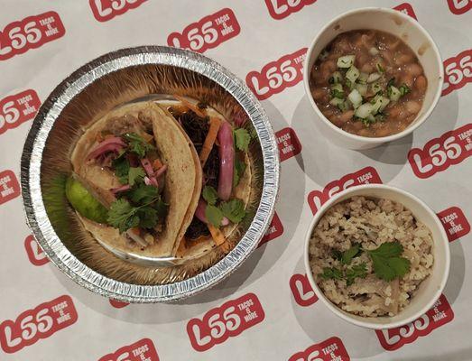 Two Taco Plate (Black Tinga Chicken, Carnitas) with beans and rice