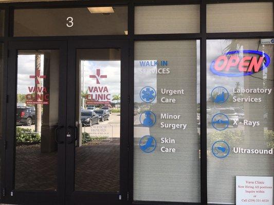 Front door; open from 8a-5p Monday through Friday for primary care and walk in visits.