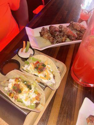 Tacos (beef) and wings