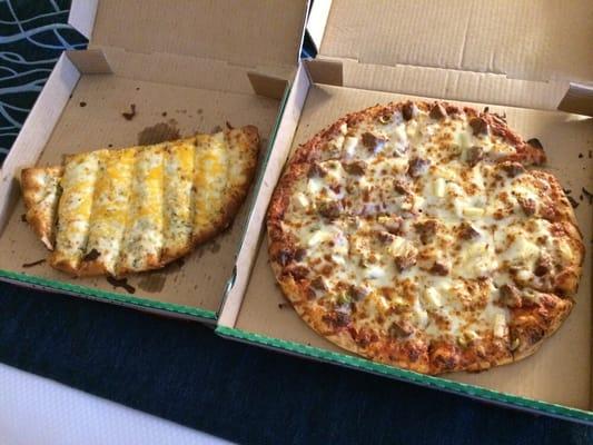 Large meatball pizza and cheese sticks