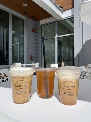 Iced Caramel Avalanche Latte, Peach Mangonada Tea & Iced Biscoff Latte with Biscoff Cold Foam