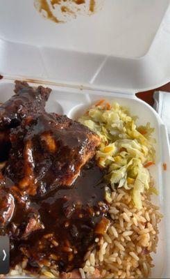 Jerked Chicken, Cabbage, White Rice, rice and beans