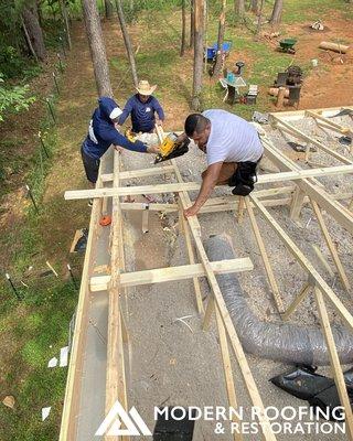 Reframing after a tree hit the roof. This was also a full roof replacement that was approved by the homeowner's insurance.