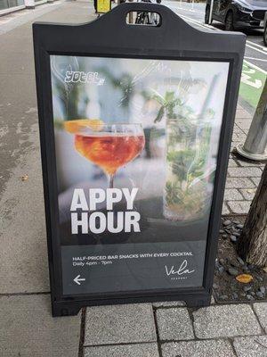 Appy Hour sign for Vela Seaport 9/2024