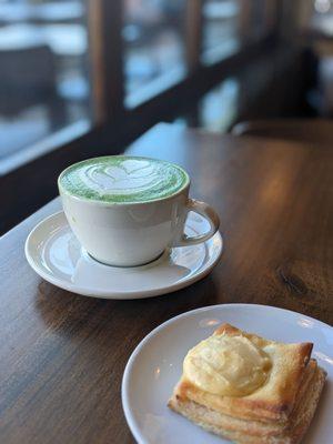 Matcha latte and cheese Danish