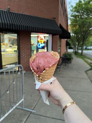 Red velvet in a waffle cone