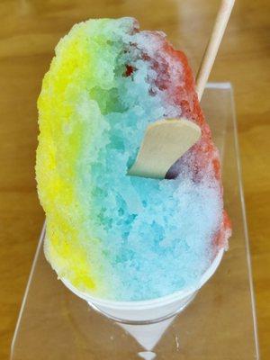 Rainbow Shave Ice: banana, vanilla (blue), and strawberry