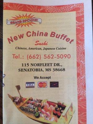 Menu for new China Buffet