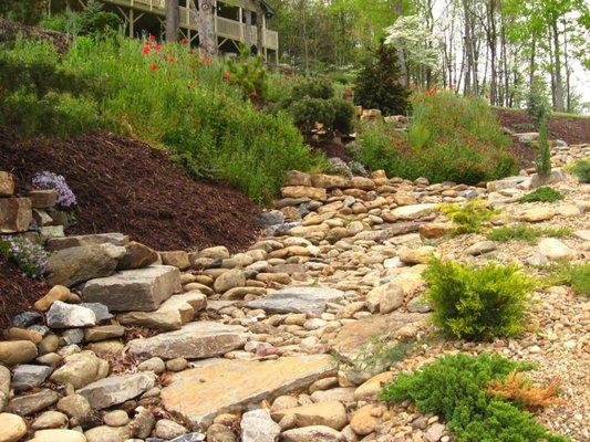 Steep bank planting with wildflowers, River Rock Bed, Asheville Area Landscaping