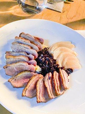 Roasted duck with black rice and poached pear.  Simply divine.