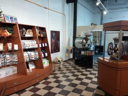 Retail space (left), roaster (middle), and coffee beans (right). Great place!